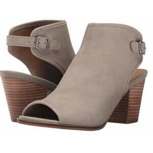 Suede Booties Boho Lucky Brand Size 7.5M Tan Peep‎ Toe Slingback Block Heel
